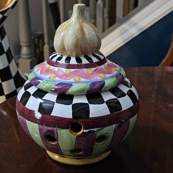 RARE NEW MACKENZIE CHILDS PICCADILLY CERAMIC GARLIC KEEPER STORAGE CANISTER JAR - Picture 1 of 14